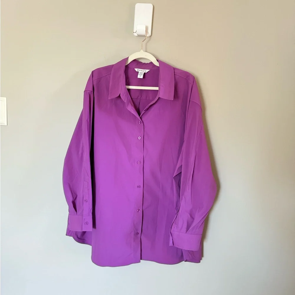 Athleta • Purple Oversized Poplin Button Up Shirt Sz 2X Jazzy Purple Casual Fall - Picture 6 of 14